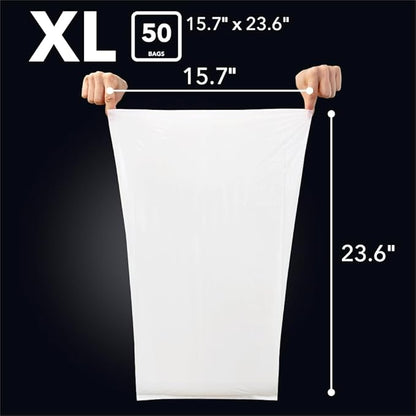 BOS Odor-Sealing Kitchen, Home & Food Small Trash Bags for Waste- Disposable Bags - Scent & Smell Free (50 Bags) [Size XL, Color White]