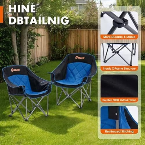 EMERIT Oversized Padded Camping Chair for Big Tall Adults, 500 LBS Heavy Duty Foldable Quad Lawn Chair, 19.68" High Seat, 4-Layer Cushion, Cup Holder, Camping Tailgating Backyard Patio Sports, Blue