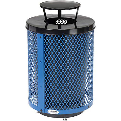 Global Industrial Outdoor Diamond Steel Trash Can with Rain Bonnet Lid, Raised Base and Plastic Liner, 36 Gallon Capacity, Blue, Thermoplastic Coating, 23-1/2" Diameter, 43-1/2"H