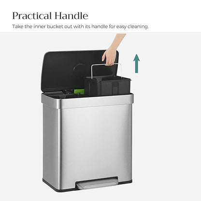 SONGMICS Kitchen Trash Can, 16 Gallon (2 x 8 Gallon) Dual Compartment Garbage Can, 60L Pedal Recycling Bin, Stays Open and Soft Close, Stainless Steel, 15 Bags Included, Metallic Silver ULTB202E01