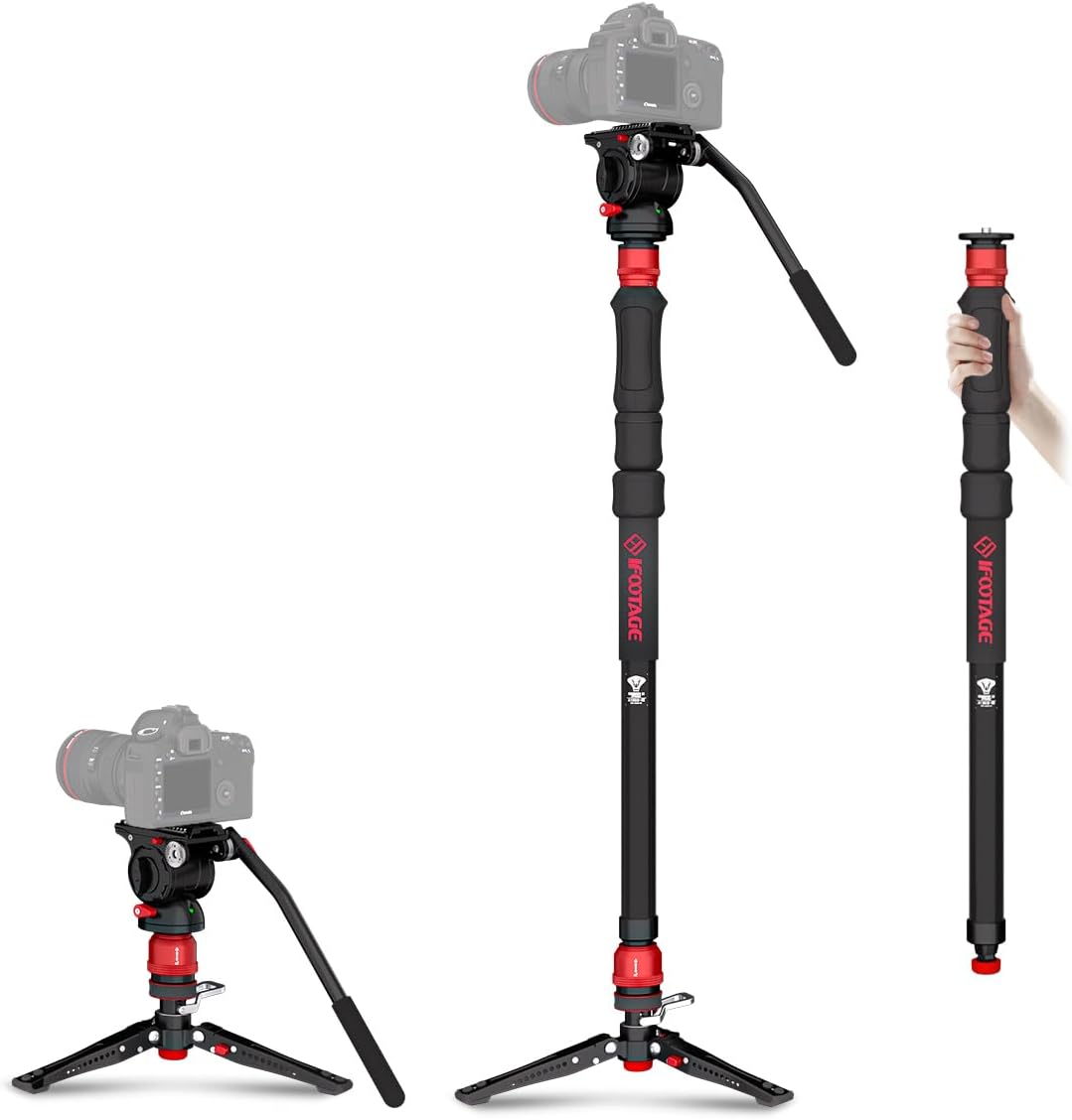 IFOOTAGE Cobra 3 Strike Monopod with Feet,Portable Travel Monopod for Camera A150S Ⅲ with Pan Tilt Head K5S,Pedal Design Base,One-Click to Extend Height 59"/150cm,Payload 11lbs/5KG