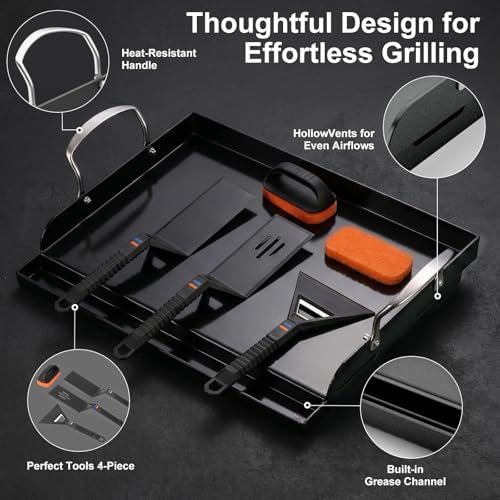 17 x 13 in Pre-seasoned Cast Iron Griddle for Gas Grill, Nano Ceramic Nonstick Flat Top Grill Plate with 5-Piece Tool Kit, Grease Groove, High Sidewalls, Handles, for Charcoal, Stove Top, Camping