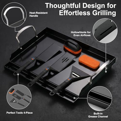 17 x 13 in Pre-seasoned Cast Iron Griddle for Gas Grill, Nano Ceramic Nonstick Flat Top Grill Plate with 5-Piece Tool Kit, Grease Groove, High Sidewalls, Handles, for Charcoal, Stove Top, Camping