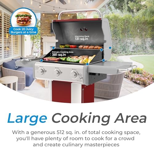 Kenmore 3-Burner Outdoor BBQ Grill | Liquid Propane Barbecue Gas Grill with Folding Sides, PG-A4030400LD-RD, Pedestal Grill with Wheels, 30000 BTU, Red