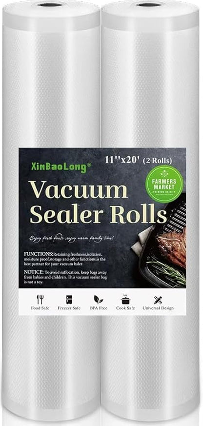 Vacuum Sealer Bags for Food，Seal a Meal Bags Rolls，11inx20 Rolls 2 Pack，XinBaoLong，Commercial Grade, Heavy Duty, BPA Free,Great for Vac Storage