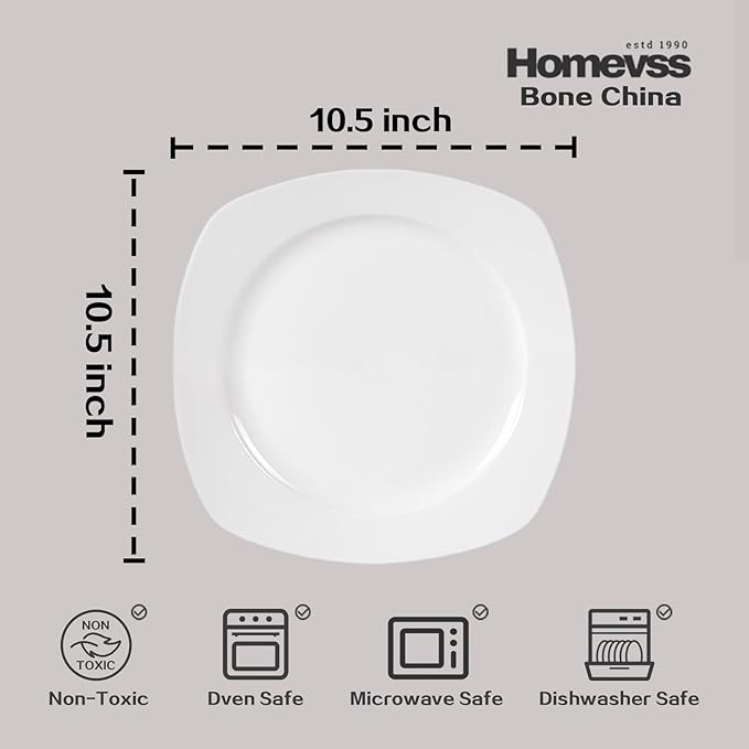 HomeVss, New Bone China Dinnerware Set, Coupe Square Shape, 20pc Set