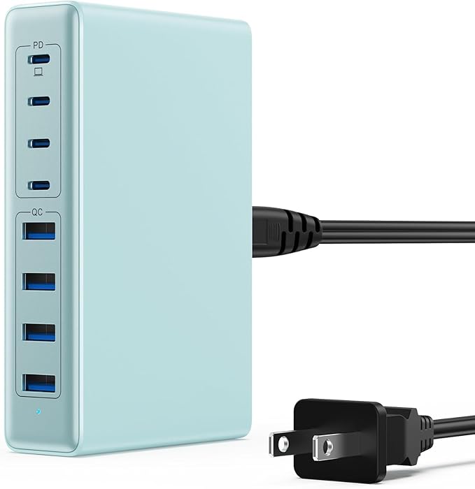 200W USB C Charger Block,8-Ports GaN III Fast Charging Station Hub,PD 65W Laptop Charger Wall Chargers Power Adapter for MacBook Pro/Air,DELL,Steam Desk,iPhone 17/16,Galaxy S25,Pixel-Light Blue