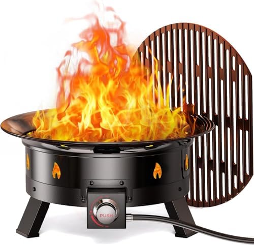 Ciays 21 Inch Propane Fire Pit with Grill Grate, Folding Legs, 58,000 BTU, Black, Metal, Round, Compatible with Propane