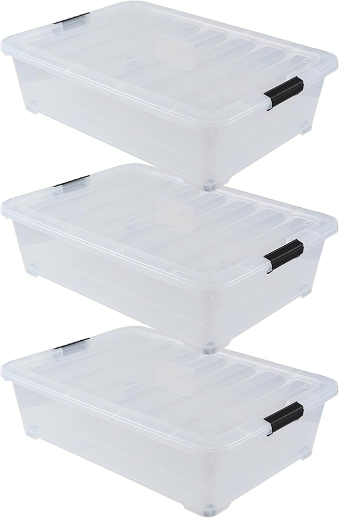 50 Quart Wheeled Latching Storage Box, Stackable Bin with Latch Lid, Plastic Container to Organize Shoes Underbed (3 Pack)