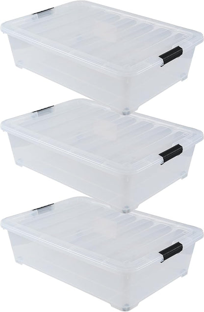 50 Quart Wheeled Latching Storage Box, Stackable Bin with Latch Lid, Plastic Container to Organize Shoes Underbed (3 Pack)
