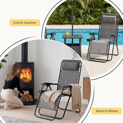 Sweetcrispy Zero Gravity Chairs, Set of 2 Portable Recliner Beach Camping Patio Outdoor Folding Lounge Chair with Cup Holder Trays and Adjustable Pillow for Poolside, Garden, Backyard, Lawn, Grey
