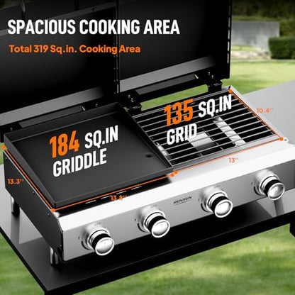 ROVSUN 2-in-1 Propane Gas Grill and Griddle Combo with Lid, 4 Burner Tabletop Flat Top Griddle & Grill with 40000BTU Output, Auto Ignition, Enamel Grate for Outdoor Backyard BBQ Cooking