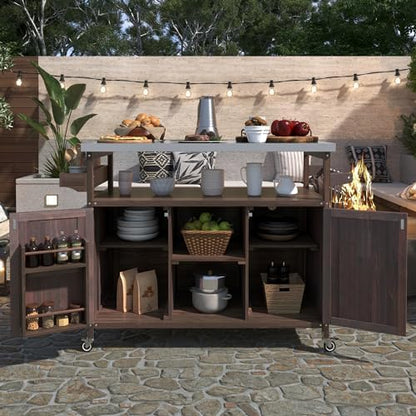50.25" Outdoor Grill Cart with Stainless Steel Tabletop and Storage Cabinet, Rolling Bar Cart with Wheels, Solid Wood Outdoor Grill Table for BBQ Food Prep (Dark Brown)