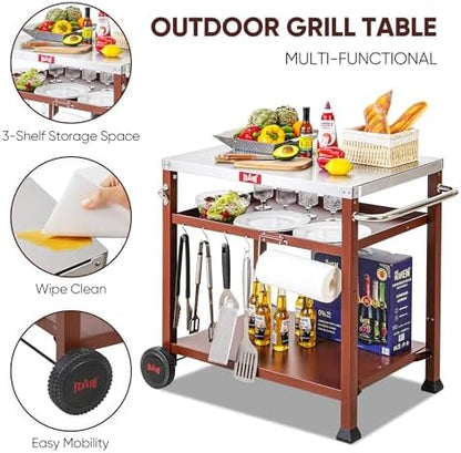 Feasto 3-Shelf Pizza Oven Table, Outdoor Grill Cart, 33.5" x 21.7", Red