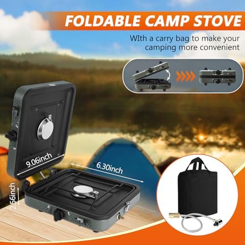 2 Burner Propane Camping Stove with Grill and Carrying Bag, Portable Folding Camp Stove with 17,000 BTU Adjustable Burners for Backpacking, Picnics, Outdoor Cooking