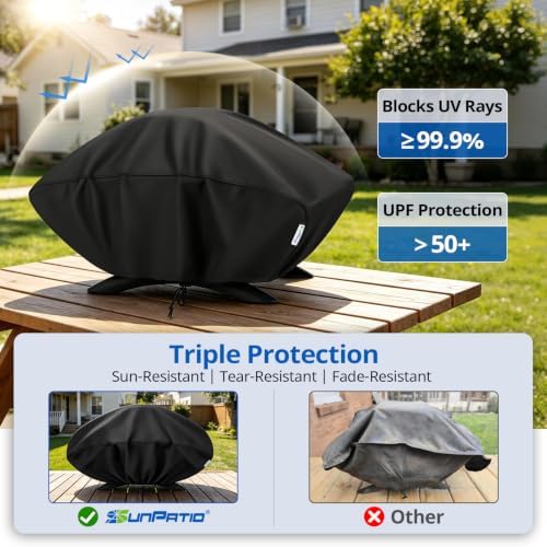 SunPatio Outdoor Grill Cover Compatible for Weber Q 100/1000 Series and Nexgrill Gas Grills, Heavy Duty Waterproof Barbecue Cover, Durable FadeStop Material, Compared to Weber 7110, Black