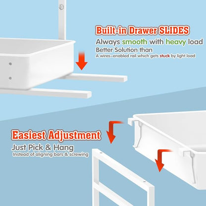 EVERIE Height Adjustable 2 Tier Metal Pull Out Slide Shelf Organizer for Framed or Frameless Under Sink Cabinets in Kitchen, Bathroom, with Snap-on Top Tray (White, 2 Sets)