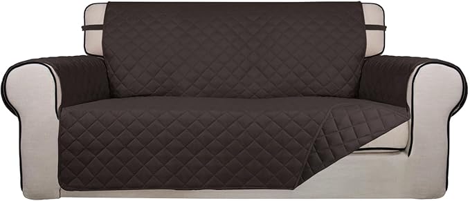 PureFit Reversible Quilted Sofa Cover, Water Resistant Furniture Protector, Washable Couch Cover with Non Slip and Elastic Straps for Kids, Dogs, Pets (Oversized Loveseat, Chocolate/Chocolate)
