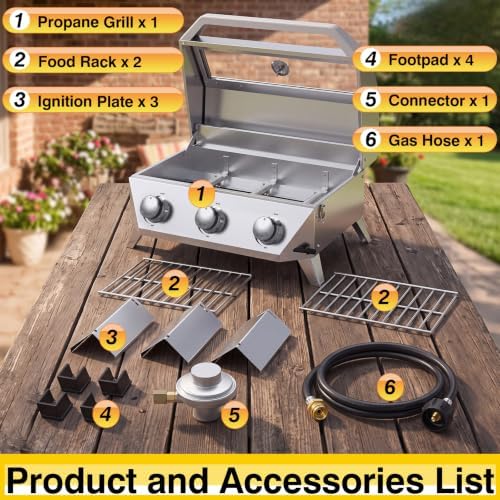BESTFIRE 3 Burner Propane Grill, 30000 BTU Stainless Steel Tabletop BBQ, Portable Gas BBQ with Glass Lid, Thermometer & Dual Tank Adapter for 1lb/20lb, Outdoor Camping Tailgating 29.72" Wide