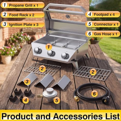 BESTFIRE 3 Burner Propane Grill, 30000 BTU Stainless Steel Tabletop BBQ, Portable Gas BBQ with Glass Lid, Thermometer & Dual Tank Adapter for 1lb/20lb, Outdoor Camping Tailgating 29.72" Wide
