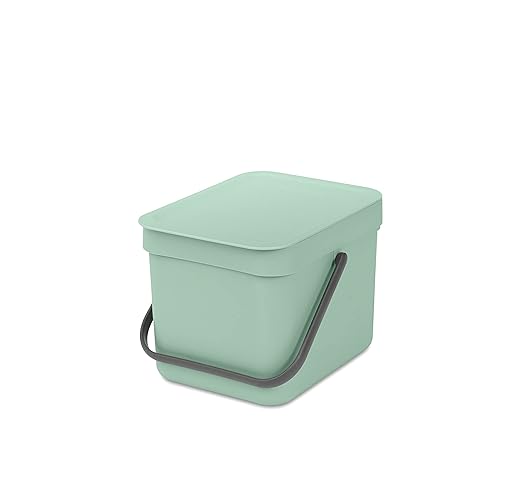 Brabantia Sort & Go Food Trash Can (1.6 Gal/Jade Green) Small Countertop Kitchen Compost Caddy with Handle & Removable Lid, Easy Clean, Fixtures Included for Wall/Cupboard Mounting