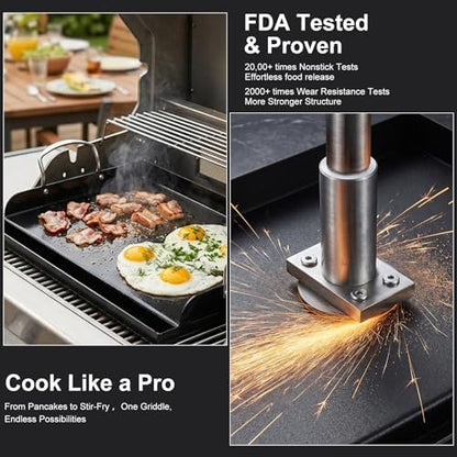 17 x 13 in Pre-seasoned Cast Iron Griddle for Gas Grill, Nano Ceramic Nonstick Flat Top Grill Plate with 5-Piece Tool Kit, Grease Groove, High Sidewalls, Handles, for Charcoal, Stove Top, Camping