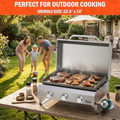 ONLYFIRE GRILLS Tabletop Gas Griddle with Foldable Legs, 3 Burners GS309V