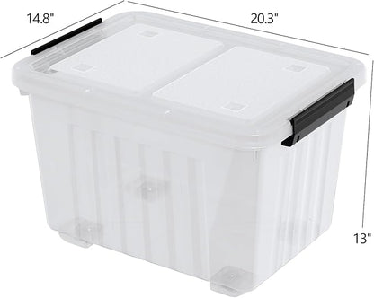 50 Quart Large Plastic Latching Box with Lid, Clear Storage Bin with Wheels, Stackable, 4 Packs