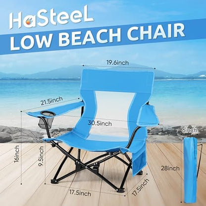 HaSteeL Low Beach Chairs, Folding Camping Lawn Chair for BBQ - Blue