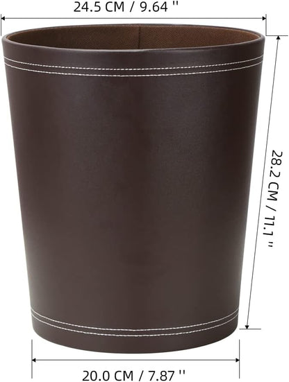 KINGFOM Classic Pu Leather Trash Can Wastebasket, Garbage Container Can for Bathrooms, Powder Rooms, Kitchens, Home, Office and and High Class Hotel Round Brown