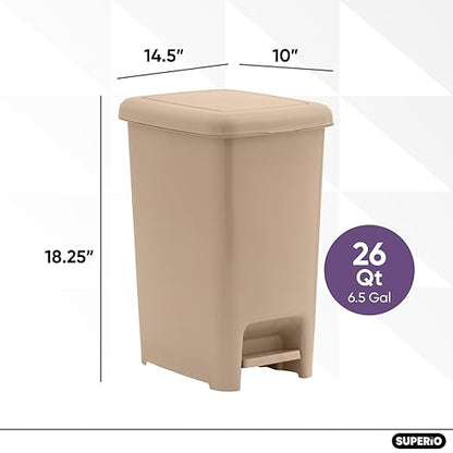 Superio Slim Step On Trash Can, Beige Waste Bin with Foot Pedal Lid 26 Liter, Kitchen, Under Desk, Office, Bedroom, Bathroom (1, 6.5 Gallon)