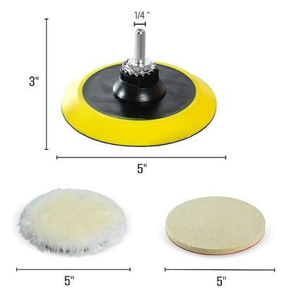 LINE10 Tools 5-Inch Wool Polishing Kit for Drill or Angle Grinder or Orbital, Includes 5 Hard Felt, 5 Soft Wool Buffing Pads with Hook and Loop, Drill Adapter Attachment, Small Car Buffer Auto Glass