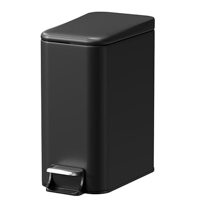 Small Trash Can with Lid Soft-Close, 6 L/1.6 Gal Bathroom Garbage Can with Removable Inner Bucket, Step Pedal, Stainless Steel Wastebasket for Kitchen, Bathroom, Bedroom, Office, Matt Black