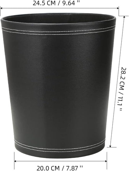 KINGFOM Classic Pu Leather Trash Can Wastebasket, Small Garbage Container Can for Bathrooms, Powder Rooms, Kitchens, Home, Office and and High Class Hotel Round Black