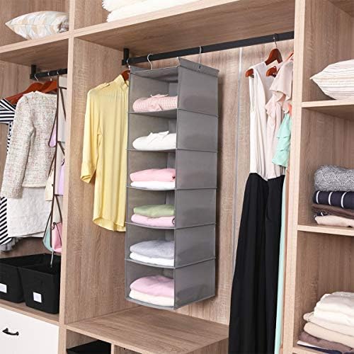 MAX Houser 6 Tier Shelf Hanging Closet Organizer, Closet Hanging Shelf with 2 Sturdy Hooks for Storage,2 Pack, Foldable (Light Grey)