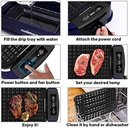 Electric Indoor Grill Griddle, CUSIMAX Smokeless Grill, Blue