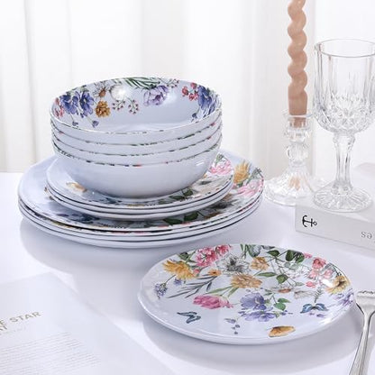 12-Piece Melamine Dinnerware Sets - Plates And Bowls Sets Floral