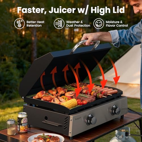 Flat Top Gill, Outdoor Griddle 22” Tabletop Gas Griddle with Hood for Outdoor Camping Tailgating (24000 BTU, 2 Burner, Carbon Steel Plate)