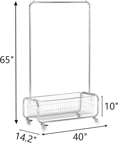 Garment Rack With Storage Baskets,Clothing Rack for Hanging Clothes, Multi-functional Bedroom Clothes Rack with Wheels for Bedroom, Living Room, Easy Assembly (40inch lenght)