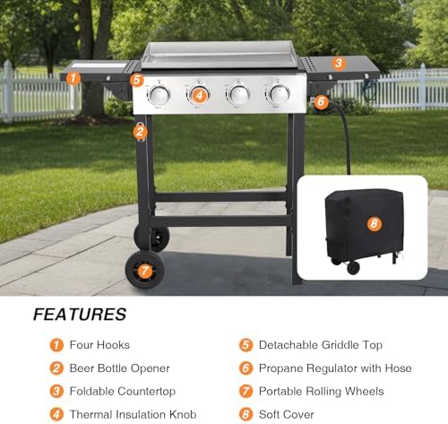 Propane Gas Griddle 4-Burner, Flat Top Grill Griddle, Outdoor Gas Stove with Foldable Side Tables, Wheels - 40,000 BTUs Output, 291 sq.in Cooking Area, for Patio Barbecue, Backyard, BBQ
