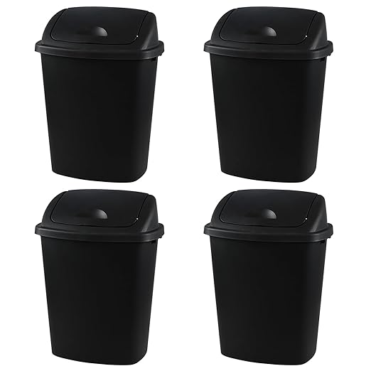 Bringer 10 Gallon Tall Kitchen Trash Can, Set of 4 Black Plastic Garbage Can with Swing Lid