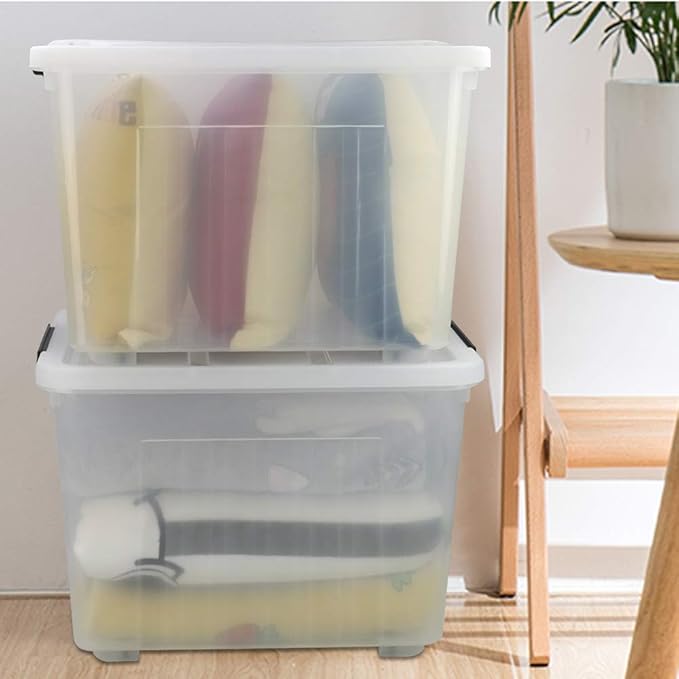 70 L Clear Plastic Large Storage Box with Wheels, Set of 4 LargeLatch Plastic Box for Storage