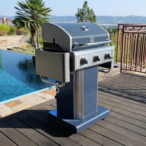 Kenmore 3-Burner Propane BBQ Grill, 30,000 BTUs Gas Grill with Cast Iron Cooking Grates, Folding Side Tables & Wheels, Outdoor Grill with Tool Hooks, Azure Blue