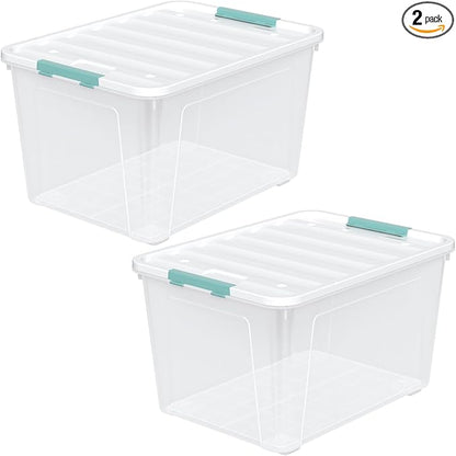 Zopnny 2-Pack Large Latching Box, 85 Quart Plastic Storage Bin with Lid, Stackable Totes w/Wheels, Clear