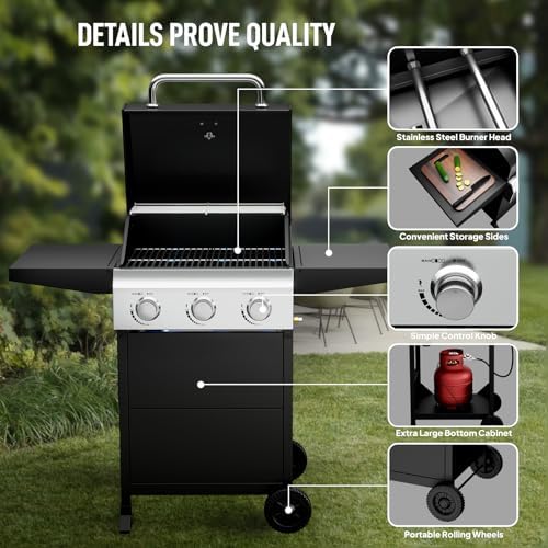 ROVSUN 3-Burner Propane Gas BBQ Grill with Foldable Side Tables & Enameled Cast Iron Grates, 36,000 BTU Barbecue Grill with Portable Wheels for Outdoor Patio Backyard Cooking Grilling, Black