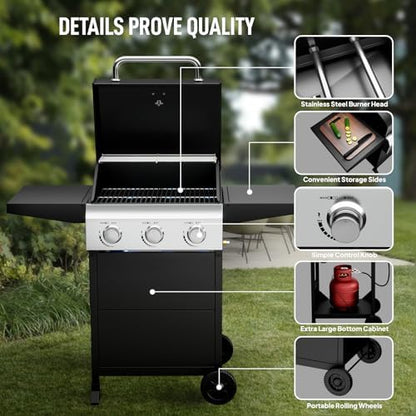 ROVSUN 3-Burner Propane Gas BBQ Grill with Foldable Side Tables & Enameled Cast Iron Grates, 36,000 BTU Barbecue Grill with Portable Wheels for Outdoor Patio Backyard Cooking Grilling, Black
