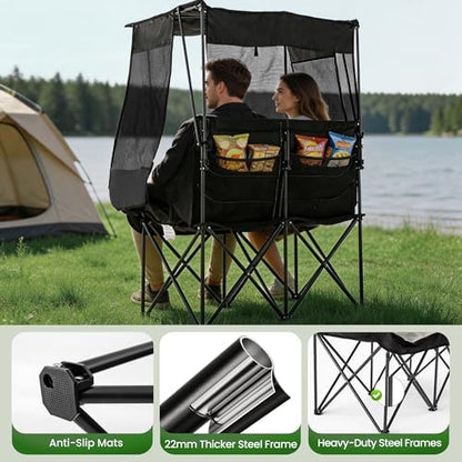 Asrug Padded Double Camping Chair with Canopy 2 Person Portable Camping Chair Loveseat with Cup Holders and Side Pockets Heavy Duty Camp Couch for Outdoor Fishing 650lbs Support (Black & Light Gray)