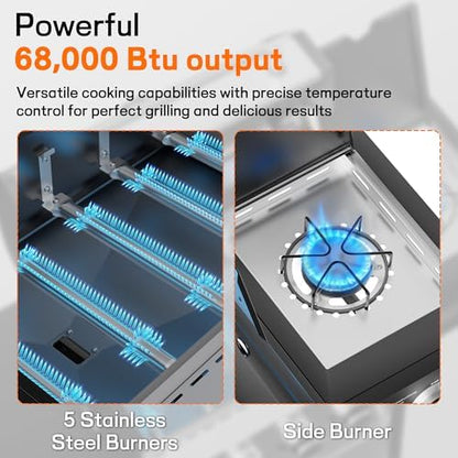 Veralune 68000 BTU 5-Burner Grill with Side Burner & Steel Grates
