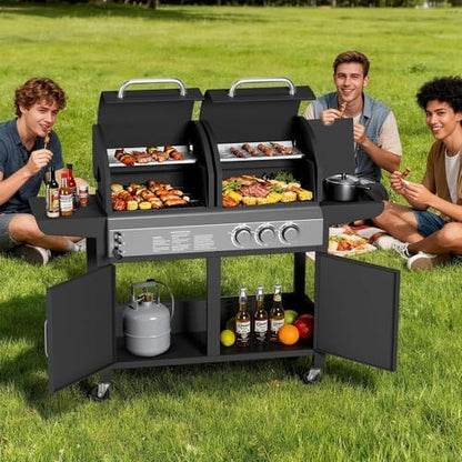 3-Burner Propane Gas Griddle – 24,000 BTU Convertible Flat Top Grill with Hood & Removable Cart – Portable for Camping, Tailgating, Backyard