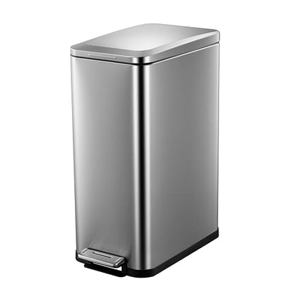 13.2 Gallon / 50L Kitchen Trash Can, Slim Stainless Steel Garbage Can with Removable Inner Bucket, Fingerprint-Proof Step Rubbish Bin with Soft-Close Lid for Narrow Space, Silver